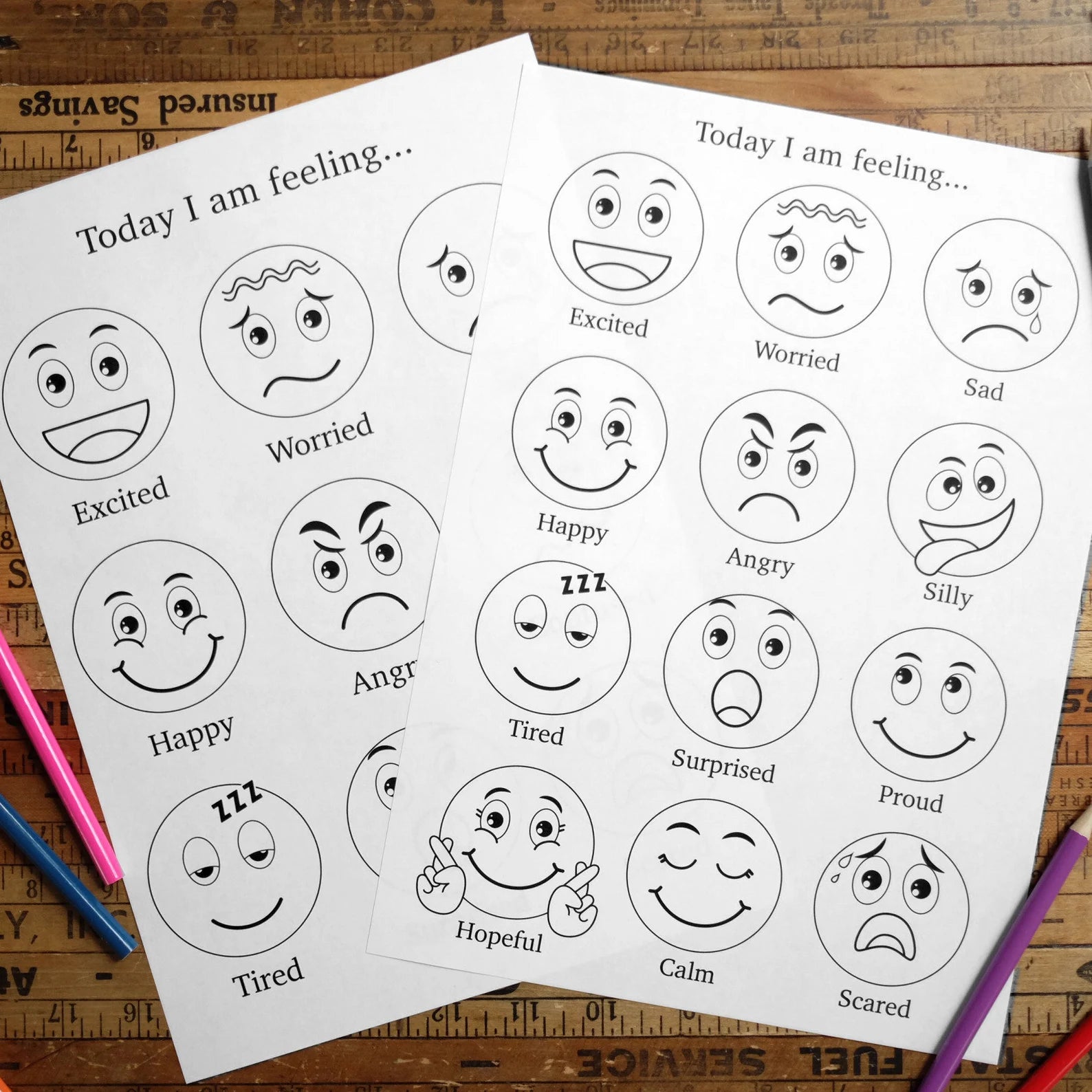 Emotions Colouring Sheet - Today I am feeling - 9 emotion faces & 12 emotion faces - Printable Digital Download