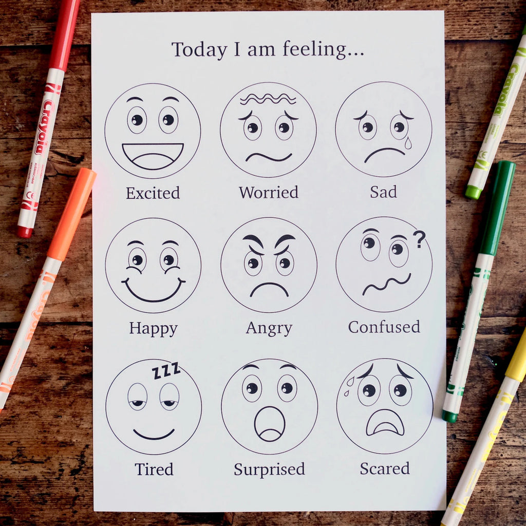 Emotions Colouring Sheet - Today I am feeling - 9 emotion faces & 12 emotion faces - Printable Digital Download