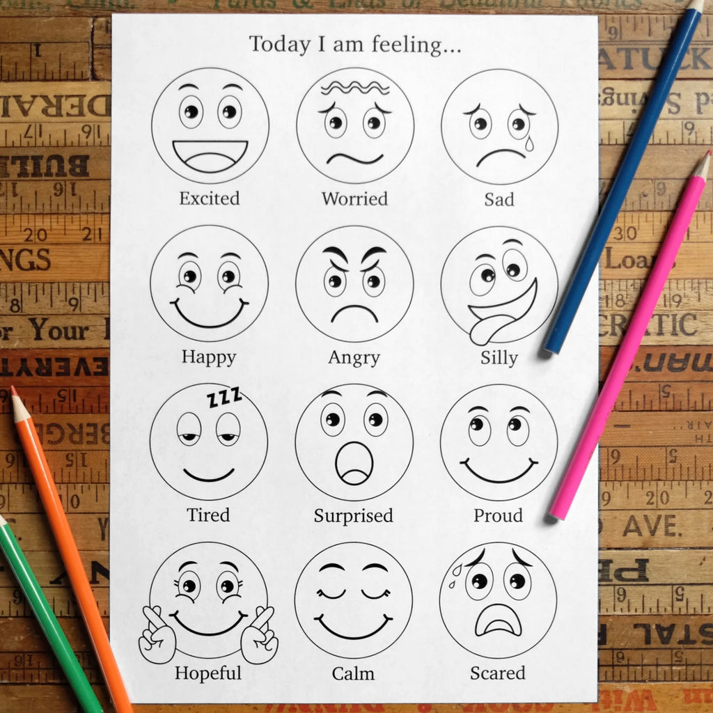 Emotions Colouring Sheet - Today I am feeling - 9 emotion faces & 12 emotion faces - Printable Digital Download