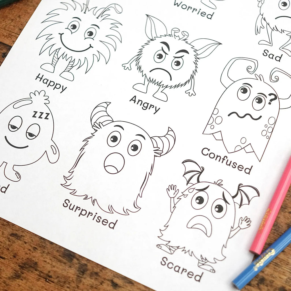 Emotions Colouring Sheet - 9 Monster Emotions - Printable Digital Download