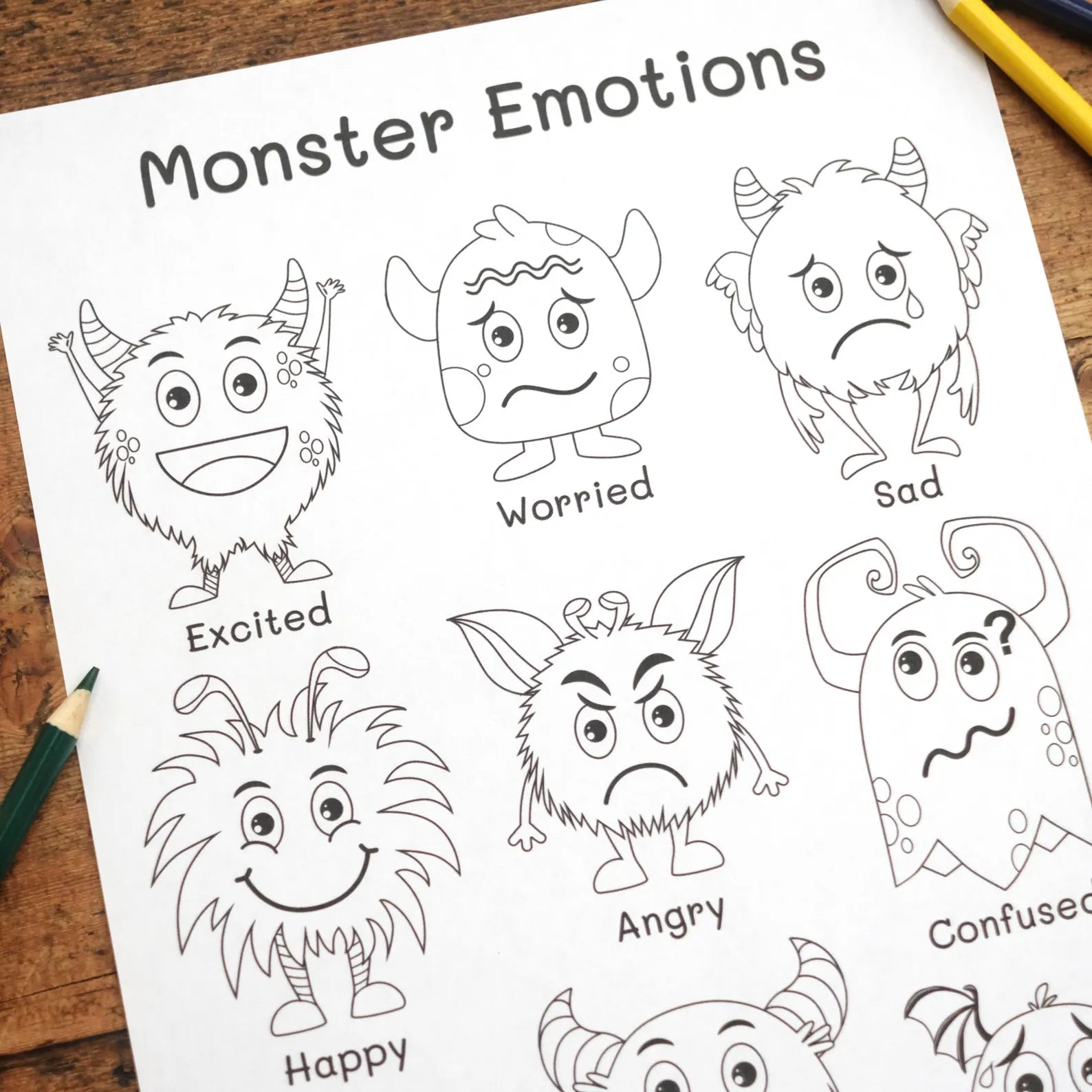 Emotions Colouring Sheet - 9 Monster Emotions - Printable Digital Download