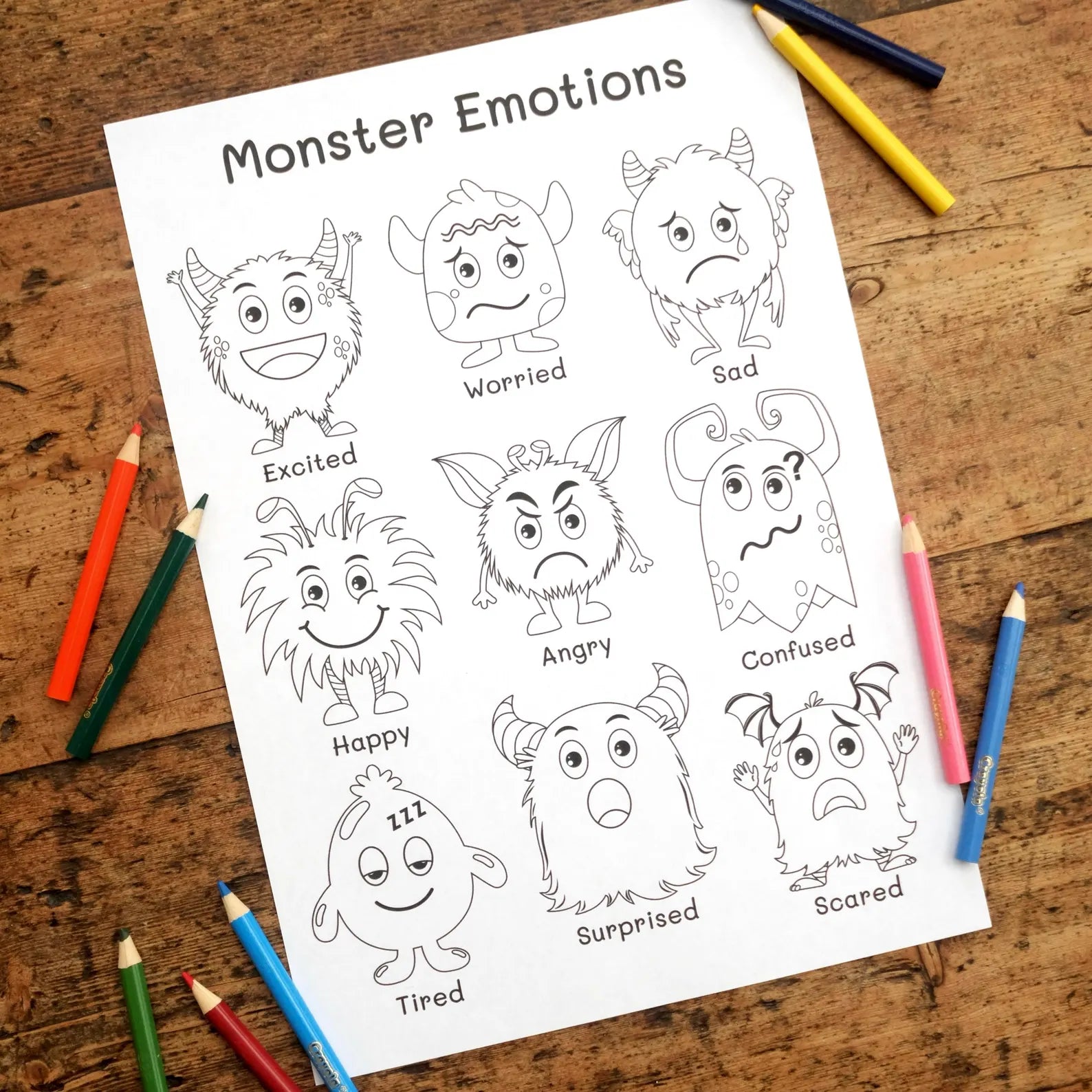 Emotions Colouring Sheet - 9 Monster Emotions - Printable Digital Download